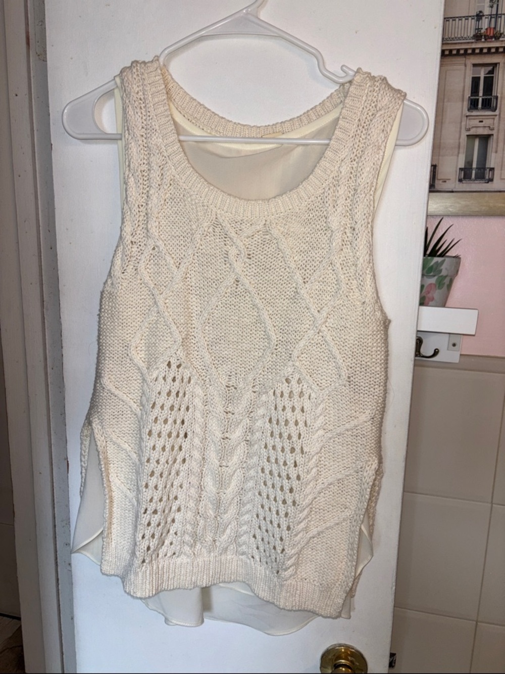 Moth Cream Cable Knit Sweater Top with Chiffon Trim